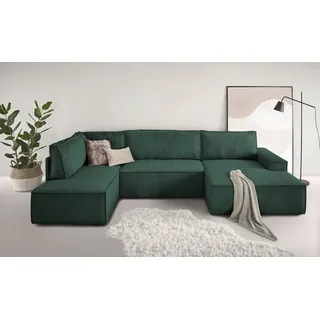 Home Affaire Wohnlandschaft SHERWOOD XXL U-Form, Schlafsofa,«, Schlaffunktion m. Bettkasten (194x139 cm), Cord, Vintage, Samtvelours, grün