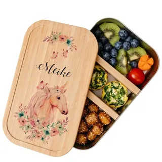 Manufaktur Liebevoll Personalisierte Brotdose Kinder mit Namen – Edelstahl Lunchbox mit Bambus Deckel & Fächern – Nachhaltige Brotbüchse Kindergarten Schule Mädchen I Einhorn