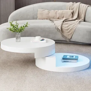 Merax LED-Couchtisch rund 70×70 cm, drehbare Tischplatte, Wohnzimmertisch mit 2 Ebenen und USB 16 Farben, Sofatisch sicher und zylindrisch, modern...