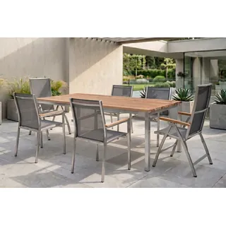 STERN Cardiff Garten-Essgruppe, silber/silbergrau, Edelstahl/Teak, Tisch 200 x 100 cm, 4 Stapel-, 2 Klappstühle