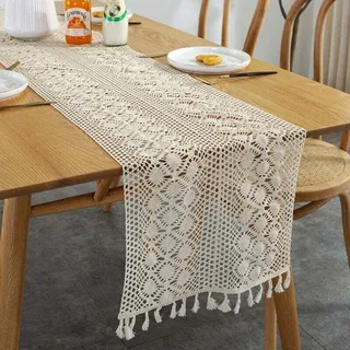 Rechteckige Makramee-tischläufer Von Ahlsen – 30 X 300 Cm, Boho- Und Vintage-spitze Aus Naturbaumwolle Für Rustikale Dekoration