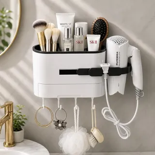 M.S.N Haartrocknerhalter, Kabelhalter, Badezimmer Organizer-aufbewahrung, Ohne Bohren Ablage Organizer Nagelfrei Selbstklebend Kein Schaden, Kunstsoff Wandhängend Für Badezimmer. (Schwarz)