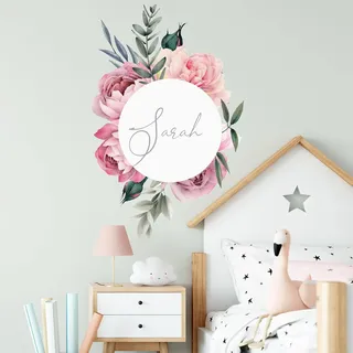 Rose im Kranz mit WUNSCHNAME V297 Wandtattoo personalisierbar Aufkleber Sticker Kinderzimmer Namensaufkleber Name Wunschnamen Türaufkleber (30 x 46 cm)