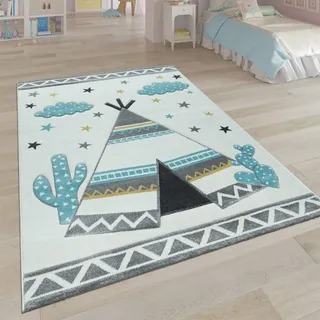 Paco Home Kinder-Teppich, Kinderzimmer Pastell Farben, Indianer-Zelt Motiv 3-D, in Cream Grau, Grösse:140x200 cm
