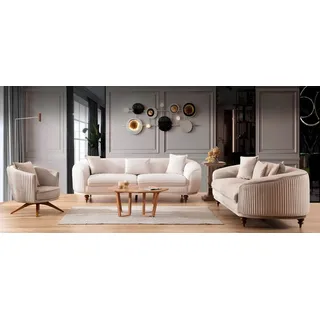 Xlmoebel Polstergarnitur Samt Sofa Couch 3-Sitzer Garnitur mit Holzdesign, (3-tlg., Nur 3+2 Sitzer + Sessel), Made in Europa beige