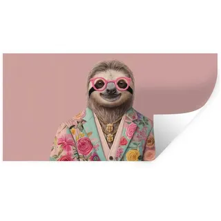 MuchoWow Wandsticker Faultier - Blumendruck - Brille - Rosa (1 St), Sticker für die Wohnzimmer und Schlafzimmer, 160x80 cm 160 cm x 80 cm x 0.1 cm