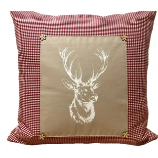 Ammerkind Dekokissen Landhausstil Kissenhülle *Hirsch* rot/beige kariert, 100% Handarbeit beige|rot 50 cm x 50 cm