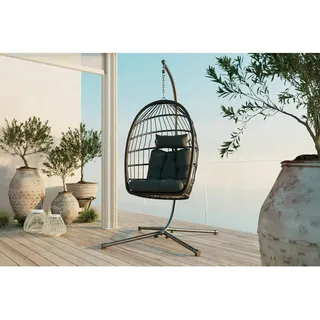 Ambia Garden Hängesessel Inklusive Schutzhülle, Grau, Schwarz, Dunkelgrau, Metall, Kunststoff, Textil, Füllung: Polyester, 100x198x100 cm, wetterbeständig, Gartenmöbel, Hängesessel
