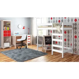 Hochbett Lukas 160x80 Kinderbett mit Rausfallschutz & Lattenrost weiß 80 x 160 für Mädchen und Jungen Massivholz Kiefer - Weiß