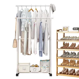 Generisch Offener Kleiderschrank System, Kleiderstange Doppelt Stabil, Doppelschienen Kleiderständer, Robuste Kleiderstange Mit Rollen, Robuste Kleiderstange Mit Unterem Gestell Und Rollen