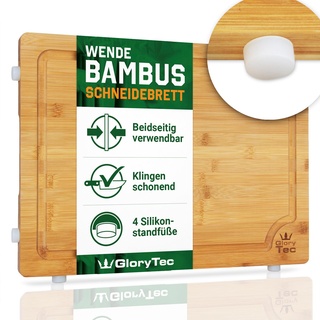 GloryTec® 2-in1 Schneidebrett groß auf 100% Bambus-Holz mit XXL Saftrille, 40x30 cm und 2cm stark, mit Standfüßen zum hygienischen Abtropfen, Schneidbrett f. Küche, Antibaktierelles Bambus-Holzbrett