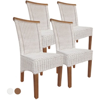 kreatives Wohnen Esszimmer-Stühle Set Rattanstühle Perth 4 Stück Sitzkissen Leinen weiß, Holz, Extra breit