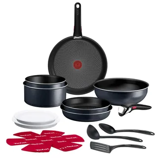 Tefal Ingenio Enjoy 17-tlg. Kochgeschirr-Set, Antihaftversiegelung, stapelbar, Thermo-Signal, für alle Herdarten, Light Tech Technologie, sicherer Griff, mühelose Reinigung, Schwarz, L7239502