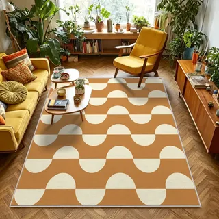 VIXENIUM Teppich Mid-Century Modern Wohnzimmer 140 x 200 | Mit Senfgelb Braun Gelb Retro Muster, Geeignet Schlafzimmer Bettvorleger, Kurzflor Rutschfest Waschbar, Mid-Century Deko