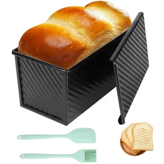 WEIWUXIAN Toastbrotform Aluminium, Toastbrot Backform Mit Deckel 450g, Brot Antihaft Brotformen, Mit Teigschaber und Ölpinsel, zum Brot, Toast, Kuchen, Gebäck (21 x 11 x 11, 5 cm), Schwarz
