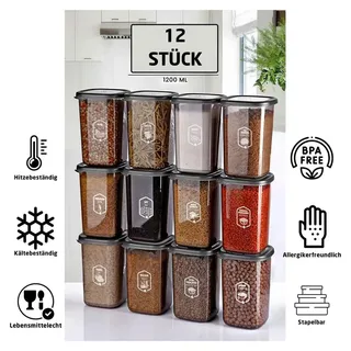 12-teiliges Vorratsdosen Set 1200 ml stapelbar – Aufbewahrungsboxen für Küche, Lebensmittelbehälter für Reis, Nudeln, Mehl, Gewürze - Gewür... - Transparent