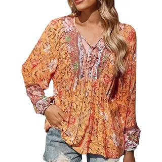 SKFLABOOF Bluse Damen Elegant Boho Kleidung V-Ausschnitt Blumenmuster Tunika Hippie Bluse Langarm Hawaii Hemd Casual Sommer Tops Oberteil