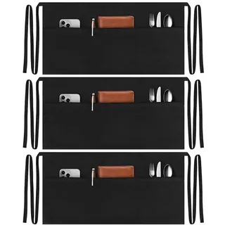Set Mit 3 Kellnerschürzen Mit 3 Taschen, Schwarze Kellnerschürzen, Wasser- Und Ölabweisend, Hüftschürzen, Bistroschürzen