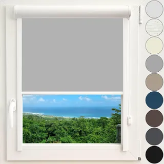 Kassettenrollo Thermorollo Verdunkelungsrollo Fenster Rollo mit Kassette und Führungsschienen zentimetergenaue Maßanfertigung Montage zum Kleben ohne Bohren Silberne Beschichtung Farbe Grau