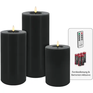 Candela Lights LED Kerzen 3er Set Stumpenkerze schwarz Echtwachs mit Fernbedienung Timer Funktion & mehrstufig dimmbar bewegliche Flamme Echtwachskerzen