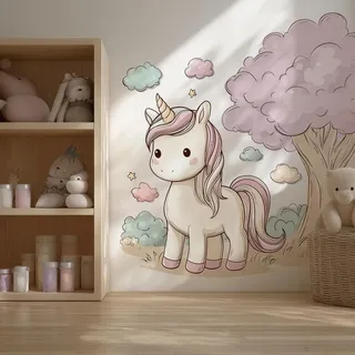 Decords Wandtattoo – pastellfarbenes Cartoon-Einhorn, 80 cm