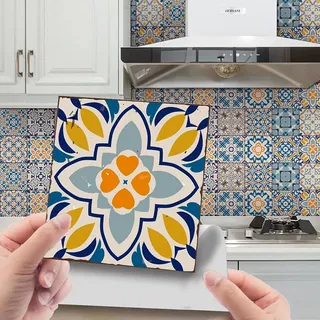 Hiseng 24 Stück Marokkanischer Fliesenaufkleber, Hiser Mosaik Stil Wasserdicht Ölfest Stickerfliesen Marmor Deko Selbstklebende Fliesenfolie für Badezimmer Wohnzimmer Küche (Blau Gelb,10x10cm)