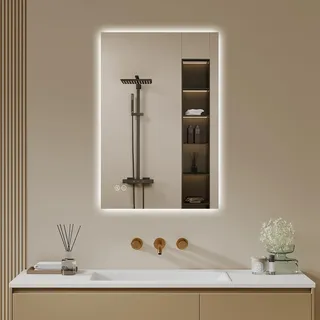 Badspiegel-mit-Beleuchtung 40x60cm LED Badezimmer Spiegel mit Beschlagfrei | Badezimmerspiegel mit Beleuchtung , Touch-Schalter, Dimmbar, 3 Lichtfarben Wandspiegel Led Spiegel Bad - Horizontal/Vertikal
