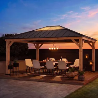 SUNJOY 3,9x4,5 m Holzpavillon mit lichtdurchlässigem Dachfenster, Pavillon Holz wasserdicht stabil Winterfest, Hardtop Stahldach, 14 cm Pfosten, Gartenpavillon für Terrasse & Deck