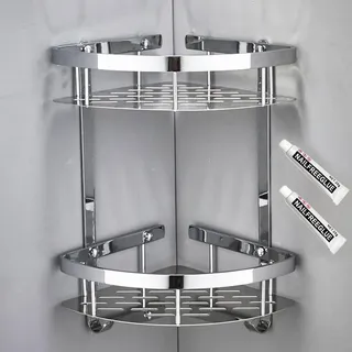 Duscheckregal Wand Bohren Duschablage Ecke Messing Badezimmer Zubehör Eckregal Dusche Duschkörbe 2 Stufig mit Haken Duschhalterung Aufbewahrung Shampoo Duschzubehör Rostfrei, Chrome