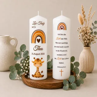 Taufkerze mit niedlichem Giraffen- und Regenbogen für Mädchen oder für Jungen mit Taufspruch, 25x 8cm, personalisierte Kerze,bedruckte Kerze,Stumpenkerze zur Taufe,Taufgeschenk,Kommunionskerze