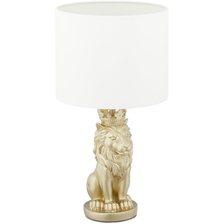 Relaxdays Tischlampe Löwe, Tischleuchte mit Stoffschirm, E27, prunkvolle Nachttischlampe, H x D: 47,5 x 25 cm, weiß/gold