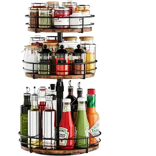 Pannadayee Gewürzregal drehbar, 3-stufiger drehbarer Organizer, kreisdrehbares Gewürzregal Stehend, kompakter Gewürzhalter mit Drehscheibe, für Wohnzimmer, Badezimmer, Vintagebraun und Schwarz