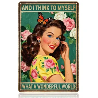 WADORN Schmetterling Pin Up Girl Vintage Metall Blechschild 20x30cm Und Ich Denke Mir Was Für Eine Wunderbare Welt Retro Wandkunstschild Lustiges Metalldekor Geschenkschild Für Zuhause Kaffee Garage
