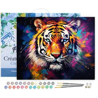 Figured'Art Malen Nach Zahlen Erwachsene Mit Rahmen Tiger Farbenfroh Abstrakt - Paint by Numbers Basteln DIY Bastelset 40x50cm - Leinwand gespannt auf Holzrahmen