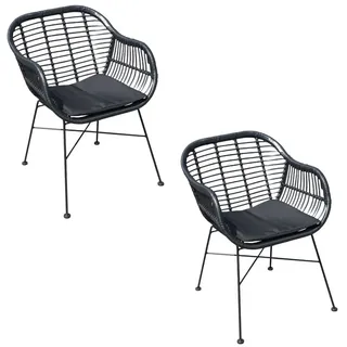 Oslo Gartenstühle Rope/Kunststoff 2er Set - Schwarz - mit Armlehnen & Rückenlehne - Inklusive Sitzkissen -  Stahlrahmen- Skandinavisches Design