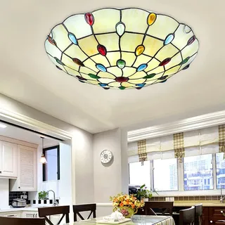 OOWOKS Retro Deckenlampe Schlafzimmer Deckenleuchte E27 Tiffany Lampe Wohnzimmerlampe Mit Runde Bunt Juwel Glas Lampenschirm, Klassische Deckenbeleuchtung Flurlampe Decke Esszimmer Lampe