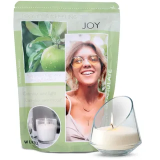 Wenzel Kerzenwachs Granulat 400g Weiß – Fruchtige Apfelnote, Duftwachs: Joy – DIY Duftkerzen Set inkl. Dochte & Anleitung – Kerzensand mit Duft – Made in Germany