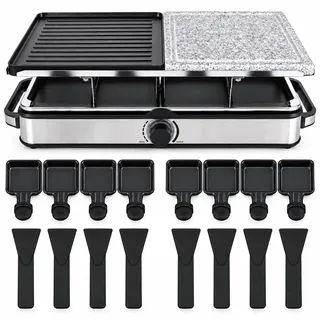 8 Personen Raclette Set - Tischgrill inkl. Pfännchen & Schaber - Grillplatte & Steinplatte antihaftbeschichtet (Eckig)