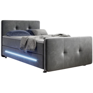Juskys Boxspringbett Houston 120x200 cm - Bett mit LED, Topper & Federkern-Matratze – Stoff Grau