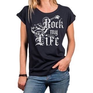 MAKAYA Print-Shirt Ausgefallene T-Shirts Damen lässige Oberteile Top Gitarrenmotiv Tunika (Rock Band Motiv, schwarz, grau, rosa, blau) Baumwolle, große Größen blau L
