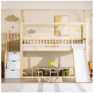 Odikalo Kinderbett Hochbett 90x200 mit Rutsche Lagertreppe Lattenrost (Kinderbett Etagenbett 90x200 cm, Hochbett, mit Rutsche und Stauraumleiter, hohe Zaunkonstruktion, Massivholzbettrahmen, Lattenrost)