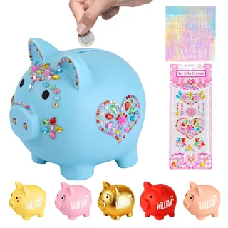 Sparschwein für Mädchen & Jungen, Sparschwein für Kinder,Unzerbrechliche Spardose, Spardose Personalisiert mit Namen Taufe, Kommunion, Konfirmation,Geburt(Blau)