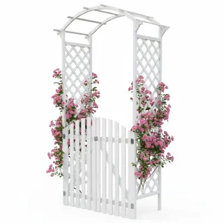 Mucola Rosenbogen Rankhilfe Rankgitter mit 2 Türen Holz 120x60x206 cm Weiß | Gartenbogen für Kletterpflanzen wie Clematis und Efeu, Durchgangsbreite 100 cm, outdoor, inkl. Montagematerial und Anleitung