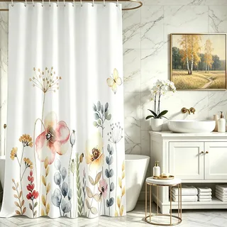 Lerores Duschvorhang 200x200 cm, Blumen Pflanze Beschwerter Saum Antischimmel Textil, Wasserabweisend, Waschbar Polyester Stoff Badevorhänge für Badezimmer, Badewanne mit 12 Duschvorhangringe