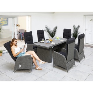 Garten-Essgruppe KONIFERA "Brisbane" Sitzmöbel-Sets Gr. B/H/T: 62 cm x 112 cm x 65 cm, Polyester, grau, grau (grau, anthrazit) Polyrattan Gartenmöbel 6 Sessel, Rückenlehne verstellbar, Tisch 92x192 cm, AluPolyrattan Bestseller