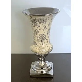 Vase Pokal Silber Beige Rosenmuster Barock Keramik 30 cm