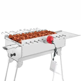 BEM Rambo Mangal Schaschlikgrill, Grillset mit Zubehör inkl. Powerbank + Motor, Elektrisch, Edelstahl, Klappbar, Holzkohlegrill mit Spießen