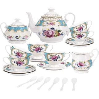 fanquare 15 Stück Englisch Türkis Porzellan Tee Sets,Vintage Rose Blumen Keramik Kaffee Set,Hochzeit Tee Service für Erwachsene