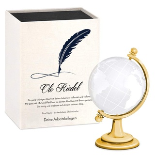 Maverton Glas-Globus - mit gravierter Weltkarte - in personalisierter Box - Kristallglobus - Weltkugel - Briefbeschwerer - Geschenke für Männer - Feder
