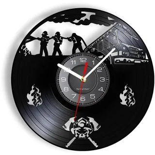 Smotly Feuerwehrmann Schallplattenuhr – kreative und praktische Heimdekoration in Schwarz, 30 cm x 30 cm, Vintage-Manteluhr